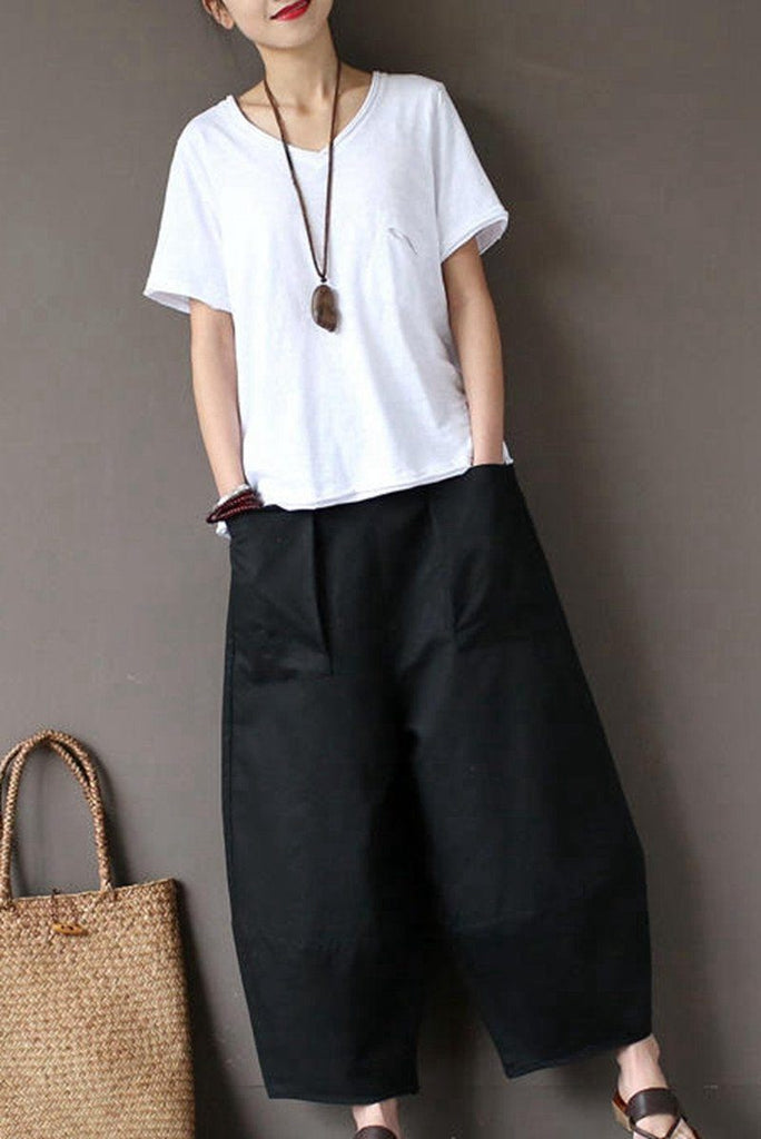 Black Loose Cotton Linen Casual Ankle Length Pants Women Clothes P1203 ...