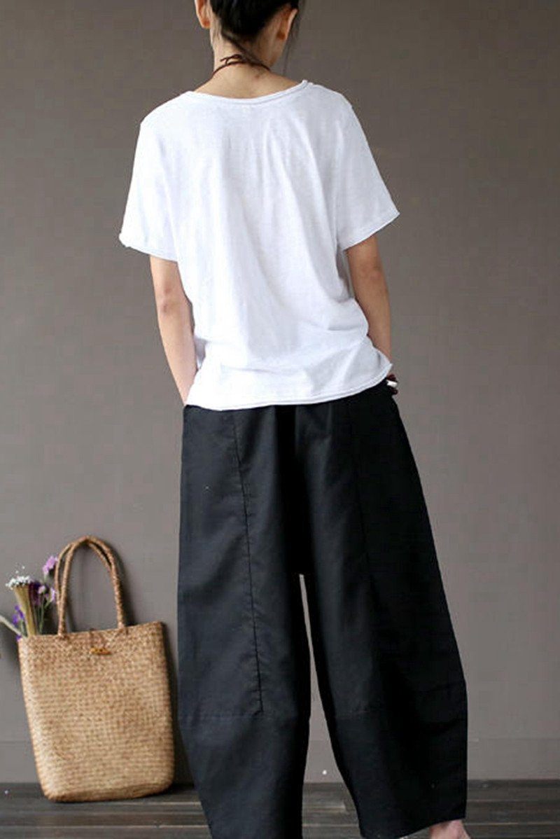 Black Loose Cotton Linen Casual Ankle Length Pants Women Clothes P1203 ...