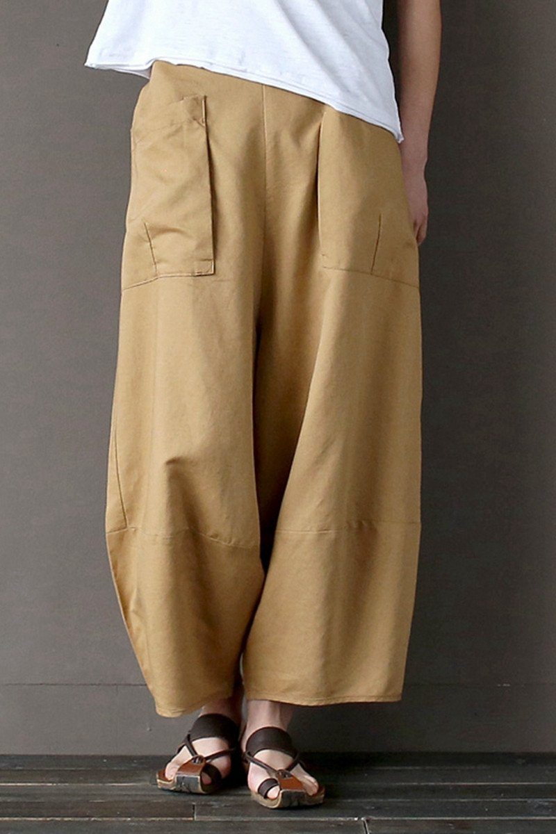 Khaki Loose Cotton Linen Casual Ankle Length Pants Women Clothes P1203 ...