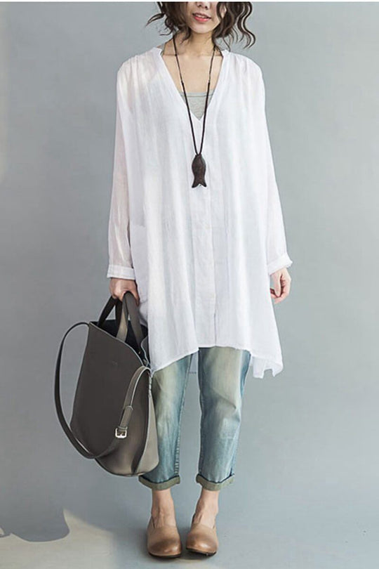 Art Casual Loose Long V-neck Cotton Shirt Women Clothes– FantasyLinen