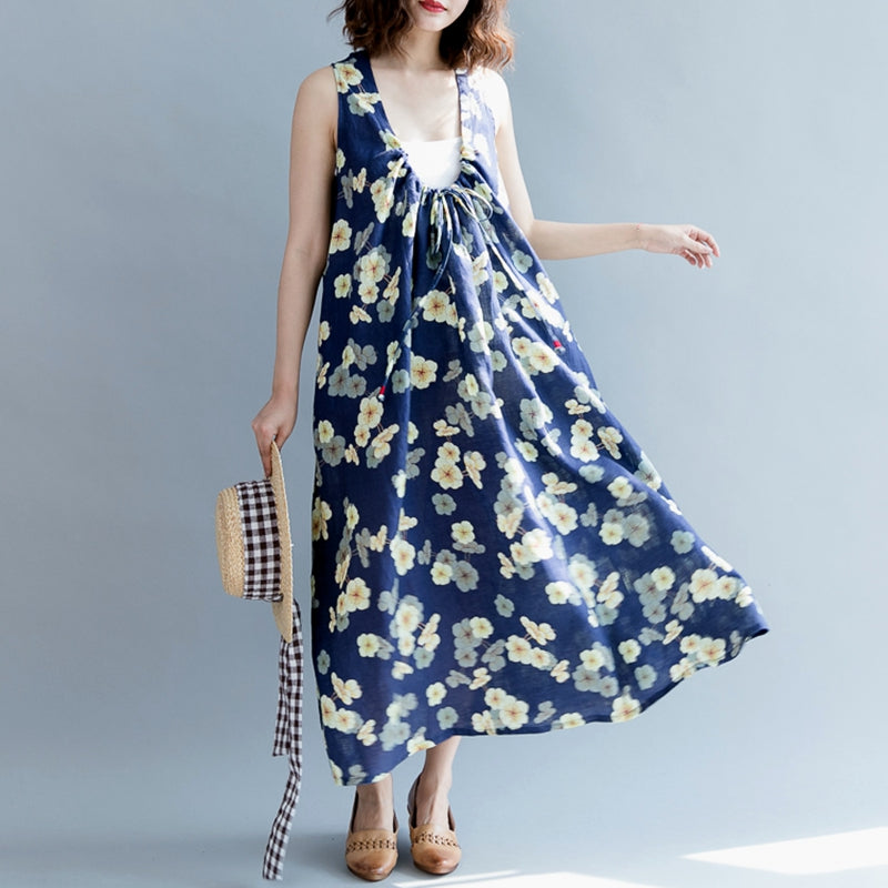 Floral Plus Size Stylish Women Blue Casual Loose Fitting Long Dresses ...