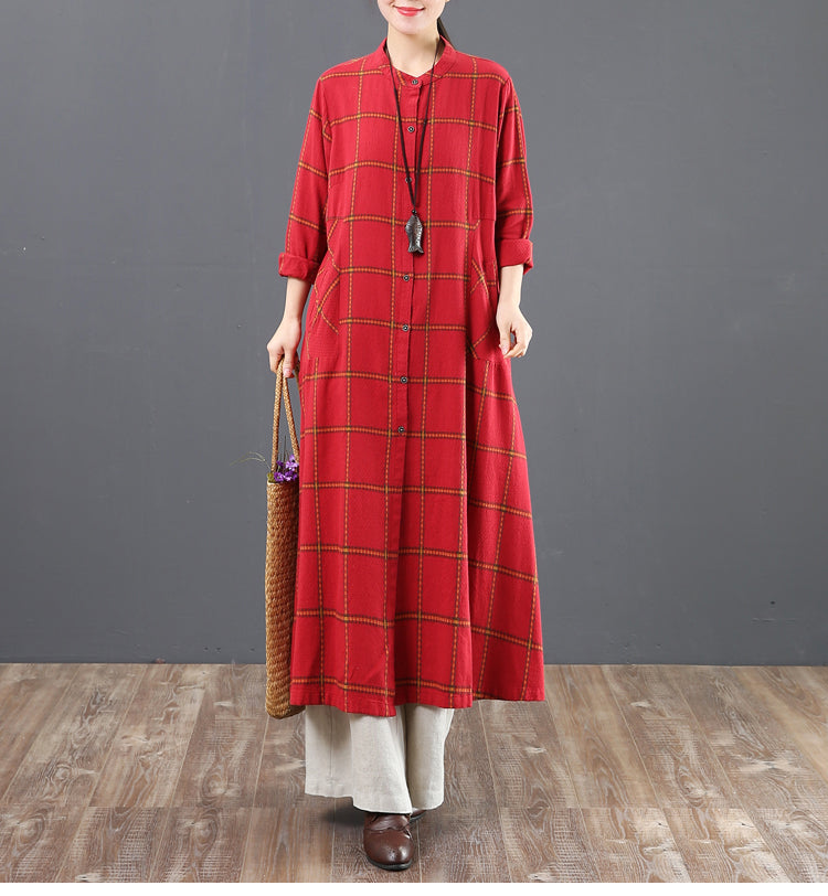 Fashion A Linen Cotton Plaid Shirt Dresses For Women 6205– FantasyLinen