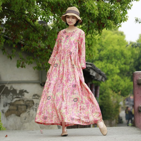 Loose Vintage Red Print Linen Dresses Women Spring Clothes Y792 ...