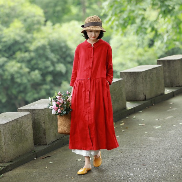 Loose Blue And Red Button Down Linen Maxi Dresses For Women Y753 ...
