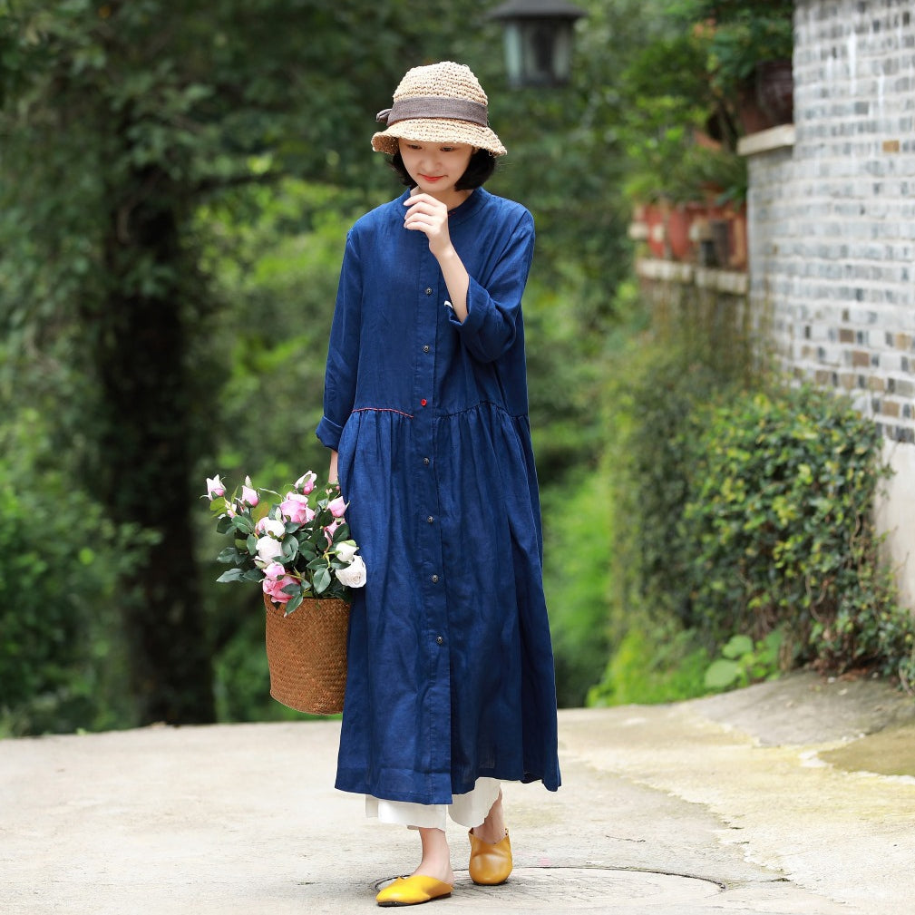 Loose Blue And Red Button Down Linen Maxi Dresses For Women Y753 ...