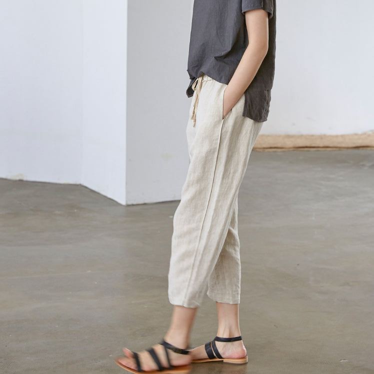 Women Beige Linen Casual Pants Summer Cool Trousers K6050– FantasyLinen