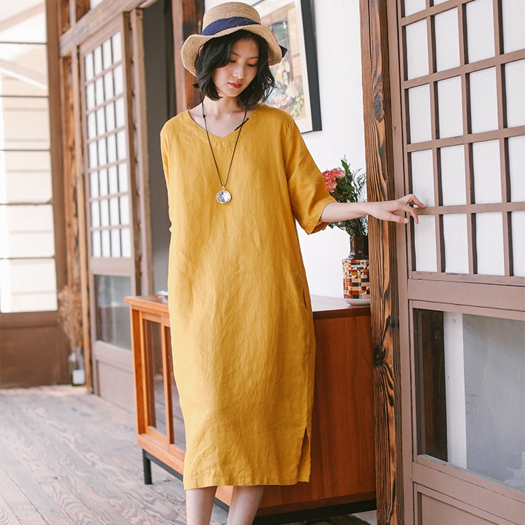 Loose Women Linen Yellow Dresses Summer Casual Outfits Q9410– FantasyLinen