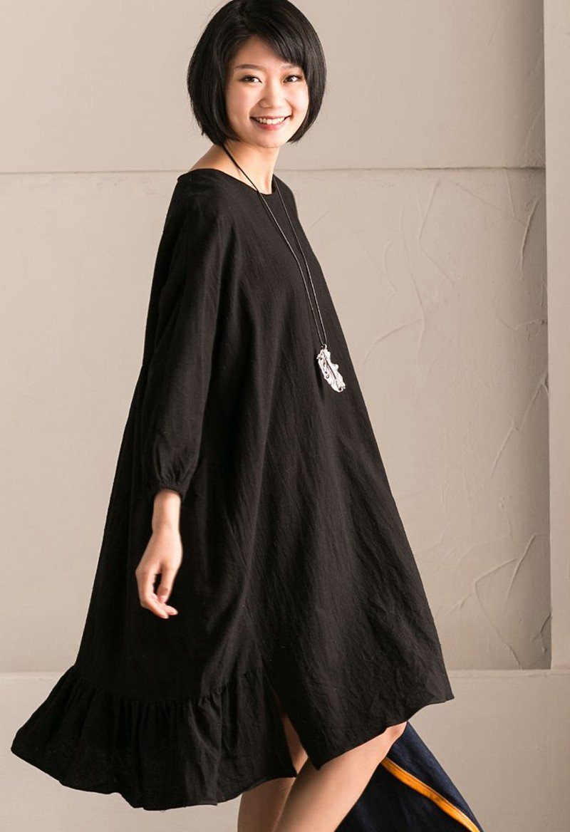 Black Korean Style Cotton Linen Falbala Bat Sleeve Round Neck Loose Wo ...