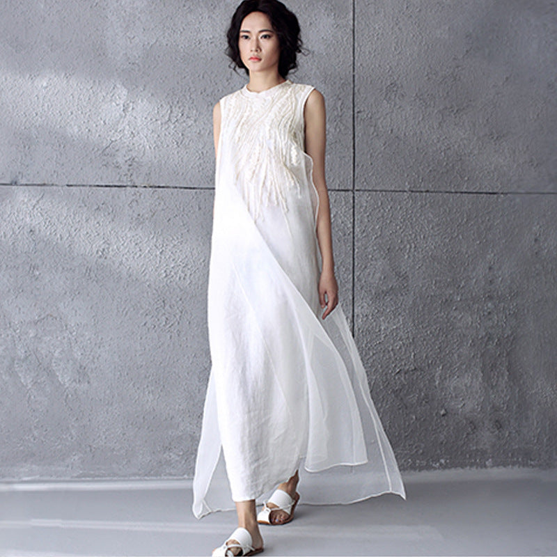 Art Embroidered White Simple Long Dress Summer Women Dress Q295A ...