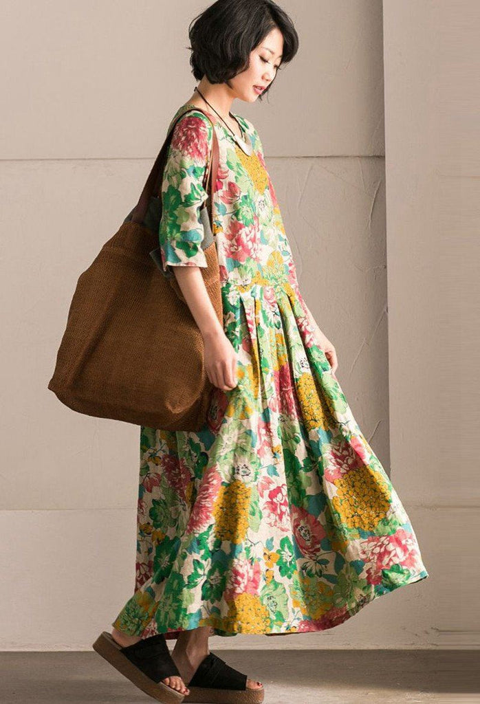 Retro Cotton Linen Flower Long Dress Summer Women Clothes Q302B ...