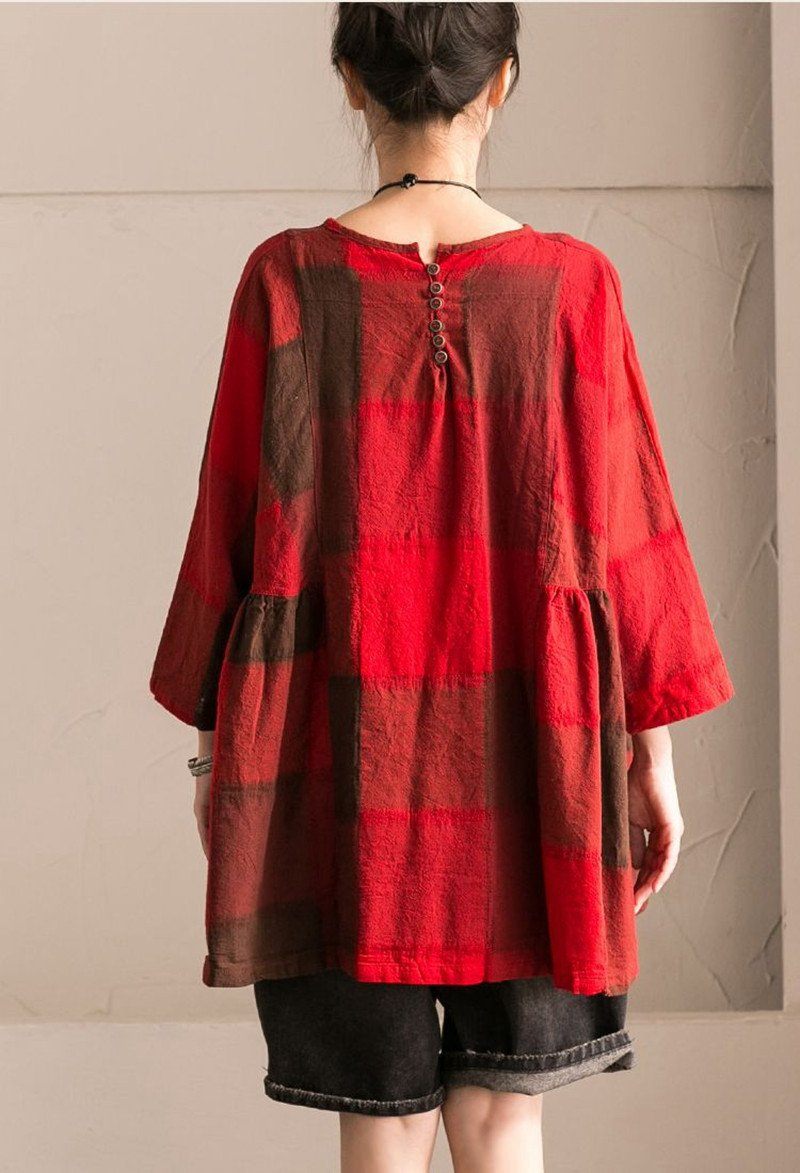 Red Grid Lovely Sweet Casual Loose Linen Shirt Women Tops C9737B ...