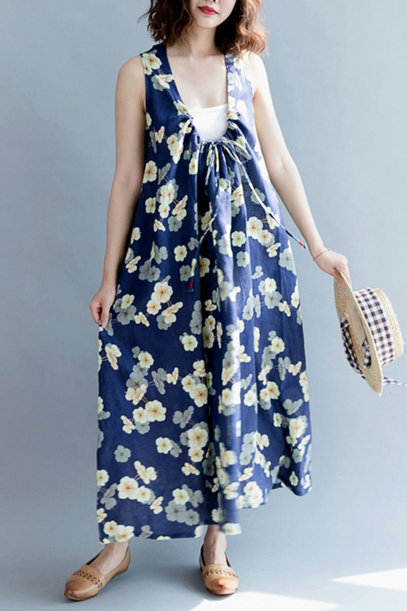 Floral Plus Size Stylish Women Blue Casual Loose Fitting Long Dresses ...