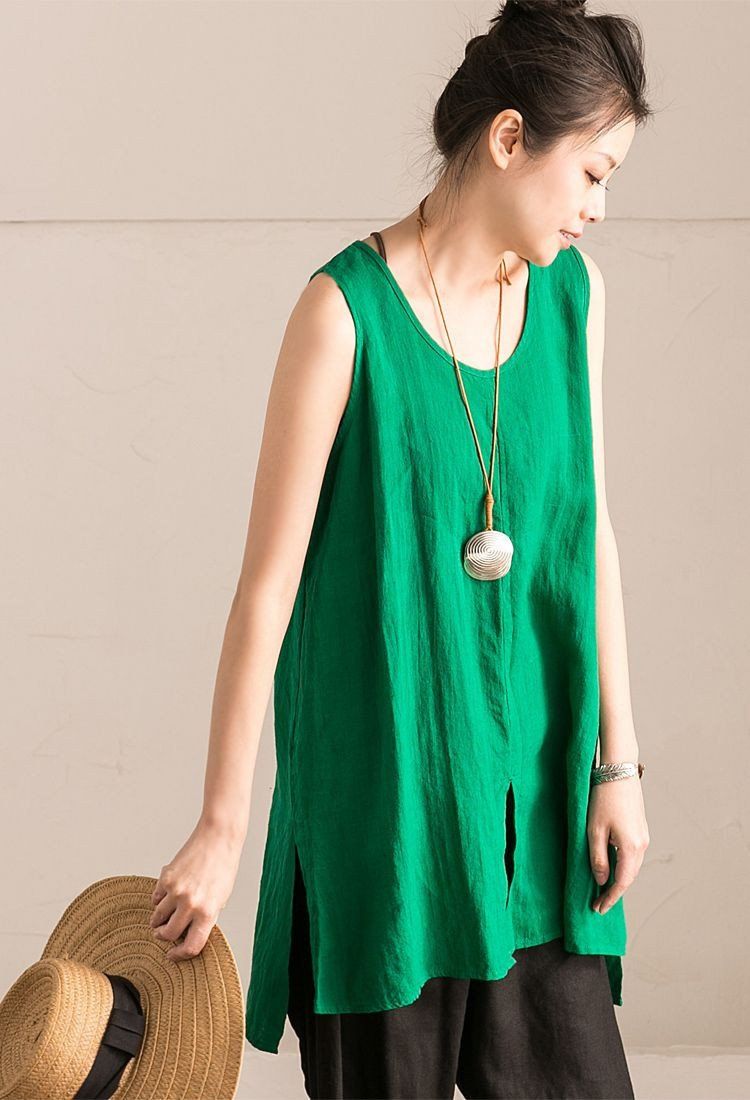 Light Green Cotton Linen Sleeveless Casual Long Vest Summer For Women ...