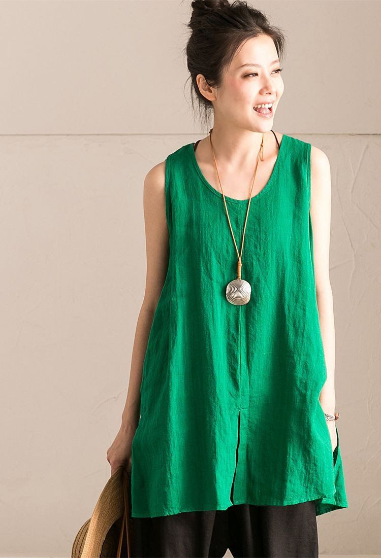 Light Green Cotton Linen Sleeveless Casual Long Vest Summer For Women ...