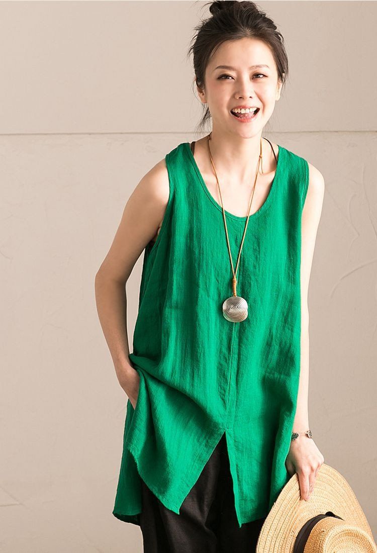 Light Green Cotton Linen Sleeveless Casual Long Vest Summer For Women ...