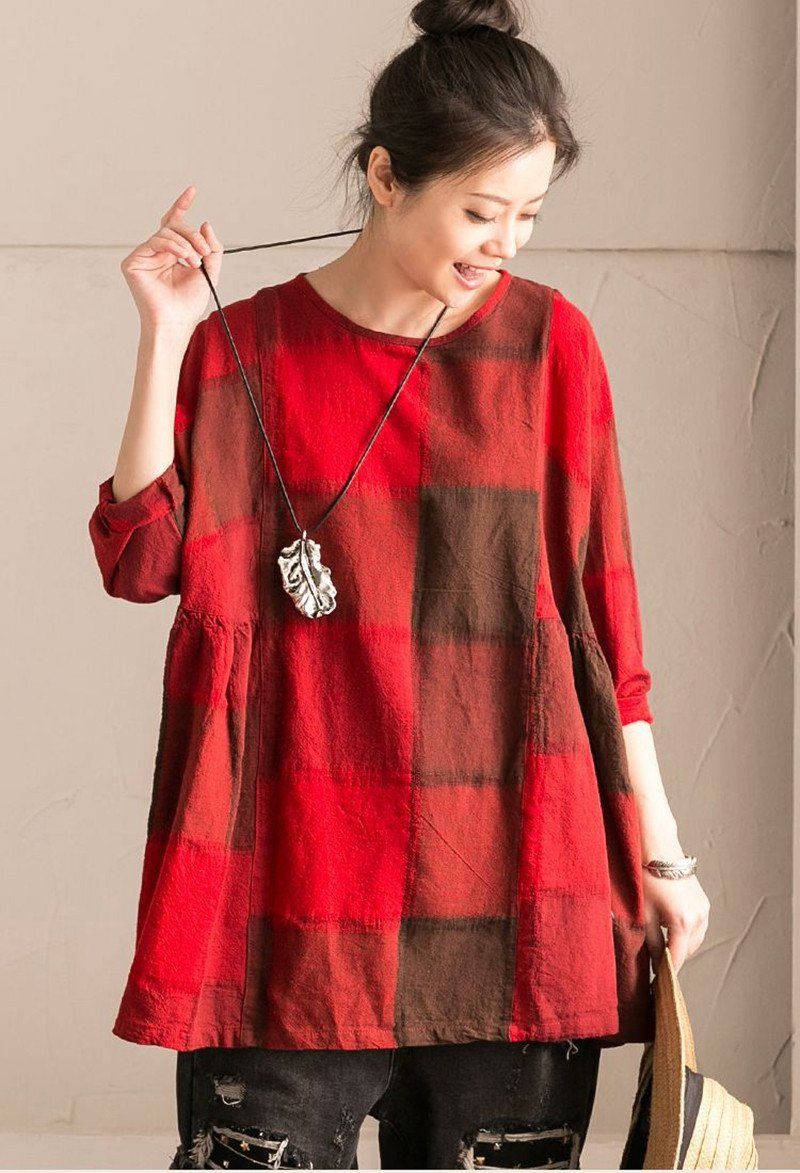 Red Grid Lovely Sweet Casual Loose Linen Shirt Women Tops C9737B ...