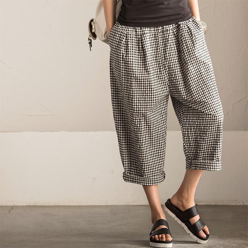 Art Causel Black White Grid Wide-legged Pants Linen Causel Women Cloth ...