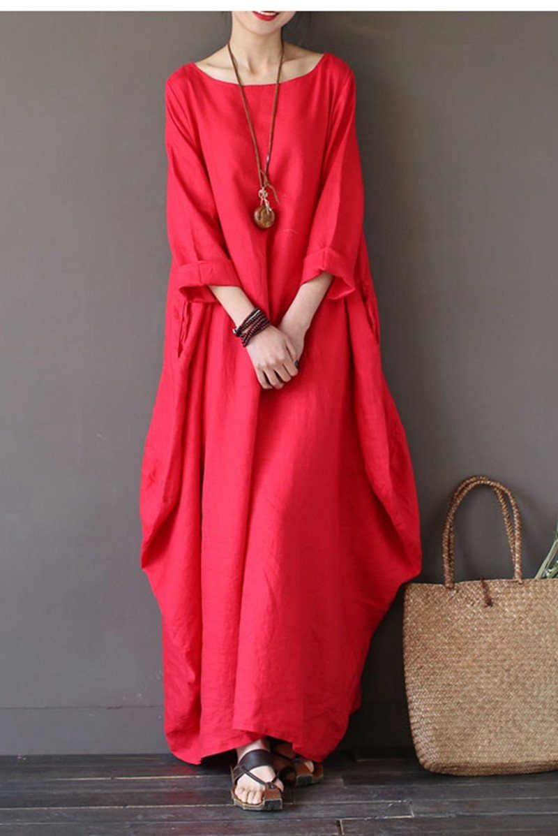Red Bat Sleeve Causel Long Dress Plus Size Oversize Women Clothes 1638 ...