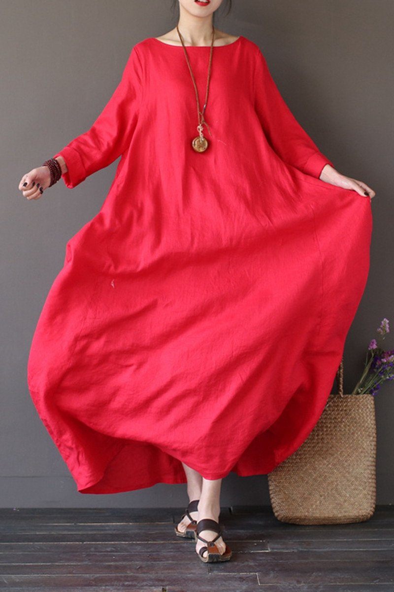 Red Bat Sleeve Causel Long Dress Plus Size Oversize Women Clothes 1638 ...