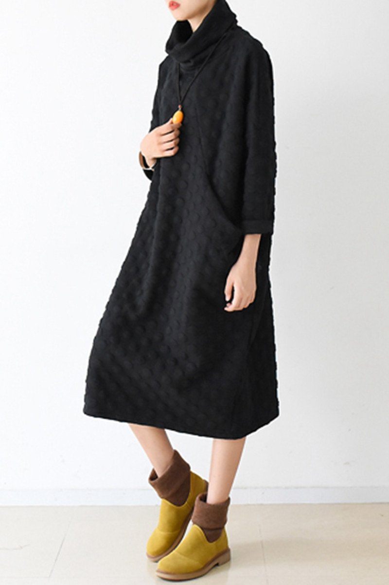Fall Warm Black Cotton Wave Point Dresses Long Sleeve Winter Clothes ...