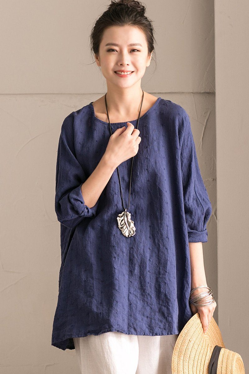 Blue Cotton Linen Bat Sleeve Top Round collar Shirt Summer and Spring ...