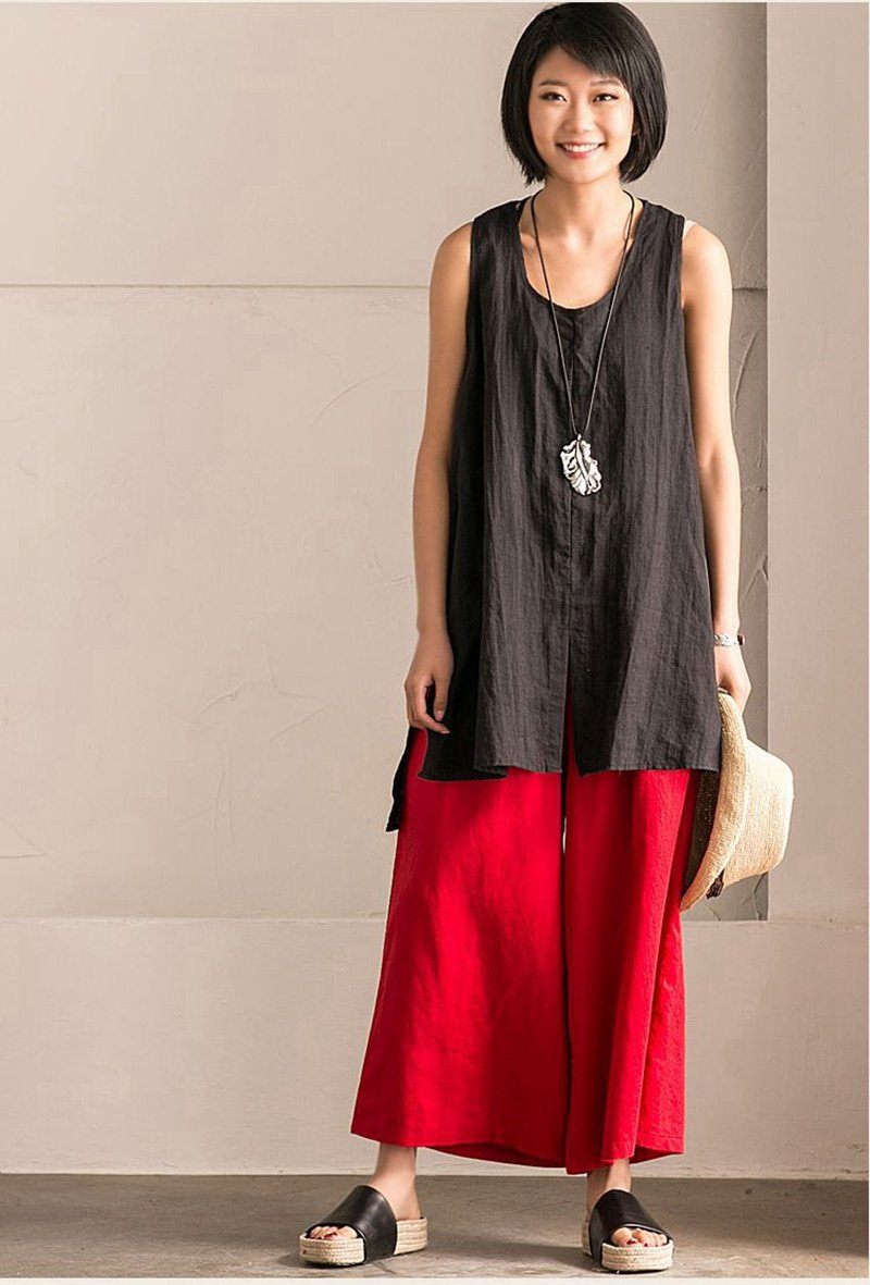 Black Cotton Linen Sleeveless Casual Long Shirt Summer and Spring For ...