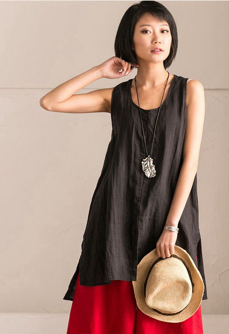 Black Cotton Linen Sleeveless Casual Long Shirt Summer and Spring For ...