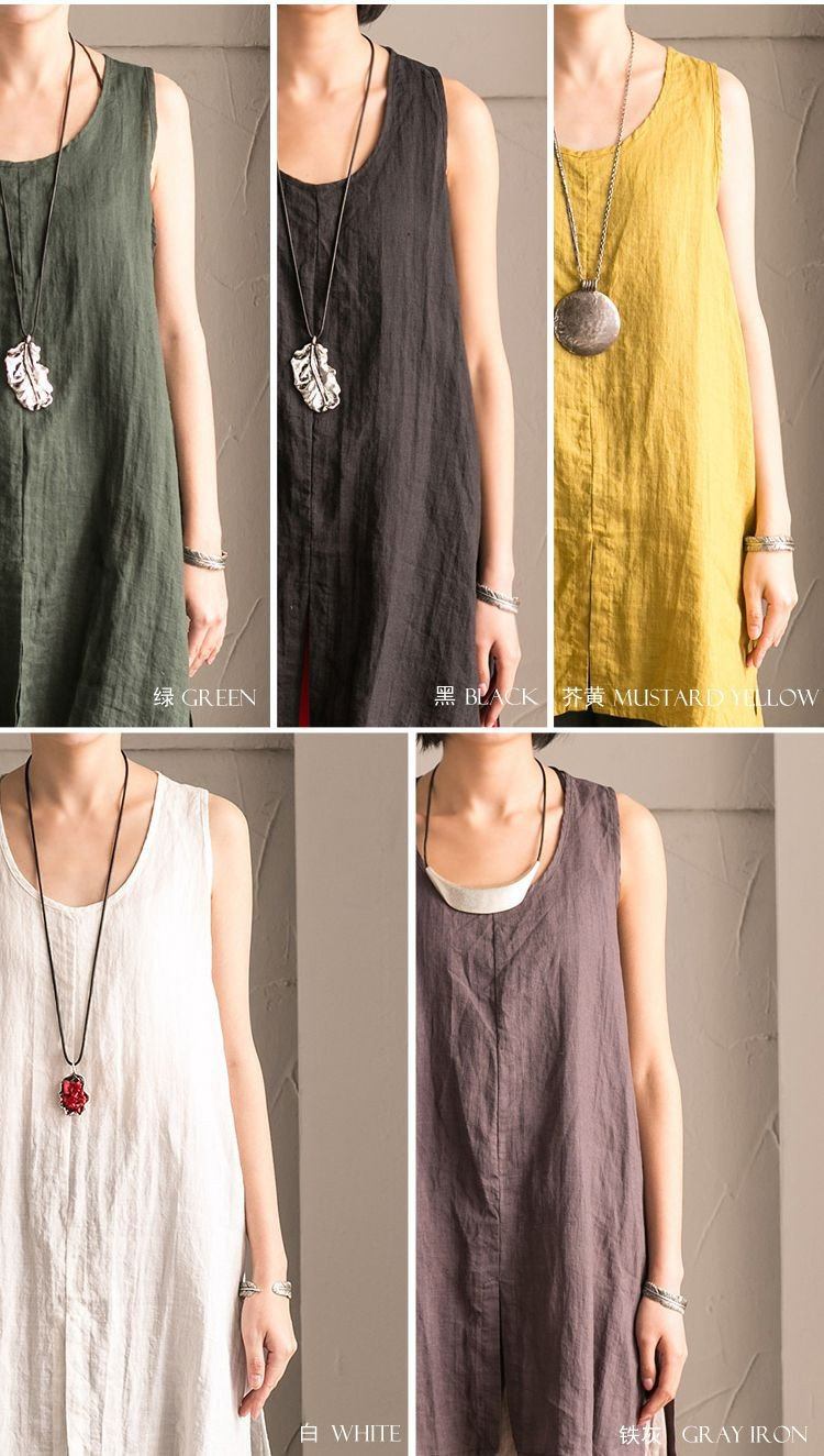 Black Cotton Linen Sleeveless Casual Long Shirt Summer and Spring For ...