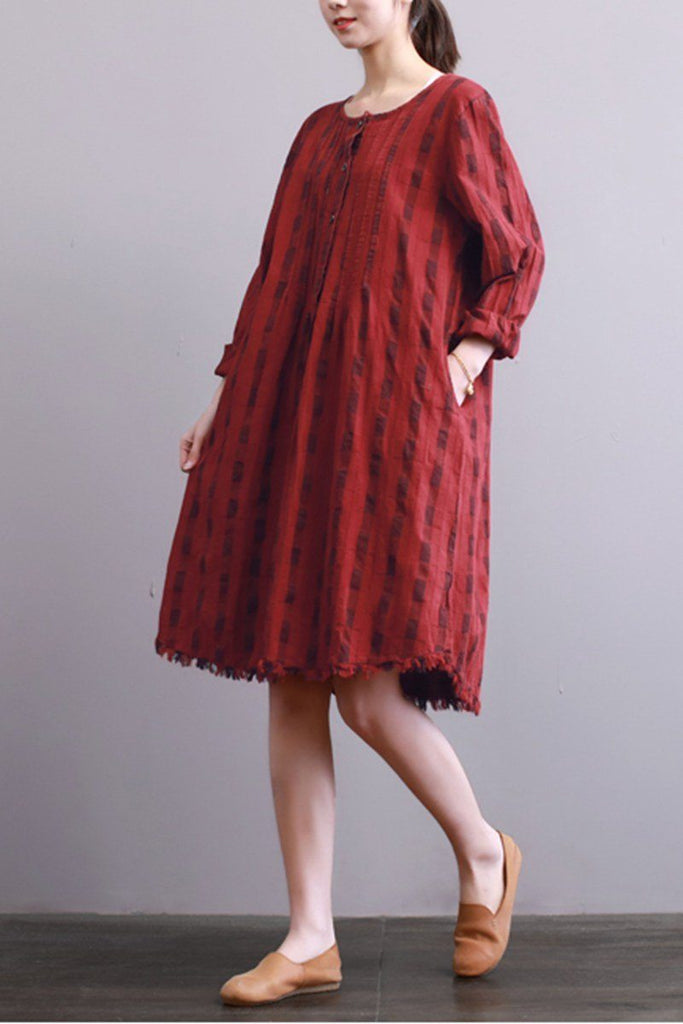 FantasyLinen Women Cotton Loose Dress, Casual Middle Dress in Red Q300 ...