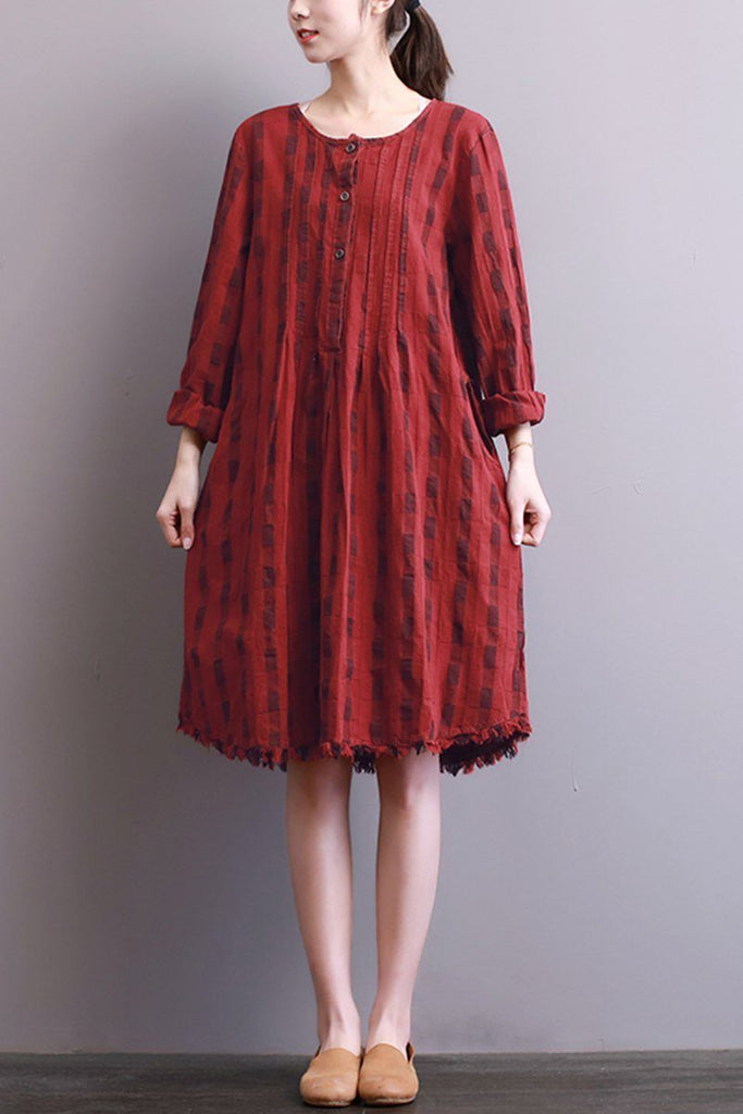FantasyLinen Women Cotton Loose Dress, Casual Middle Dress in Red Q300 ...