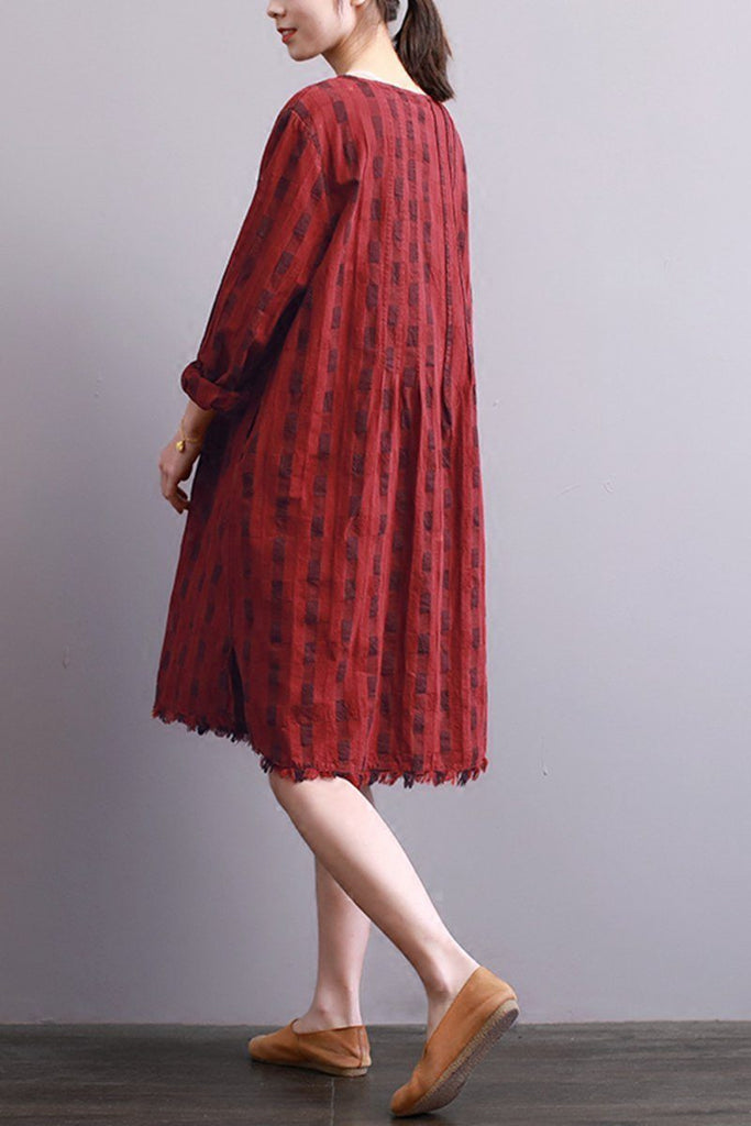 FantasyLinen Women Cotton Loose Dress, Casual Middle Dress in Red Q300 ...