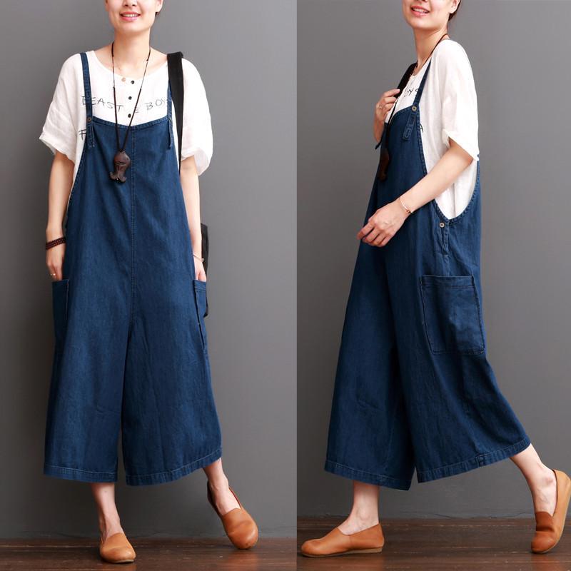 Cowboy Blue Causel Loose Overalls Big Pocket Trousers Women Clothes ...