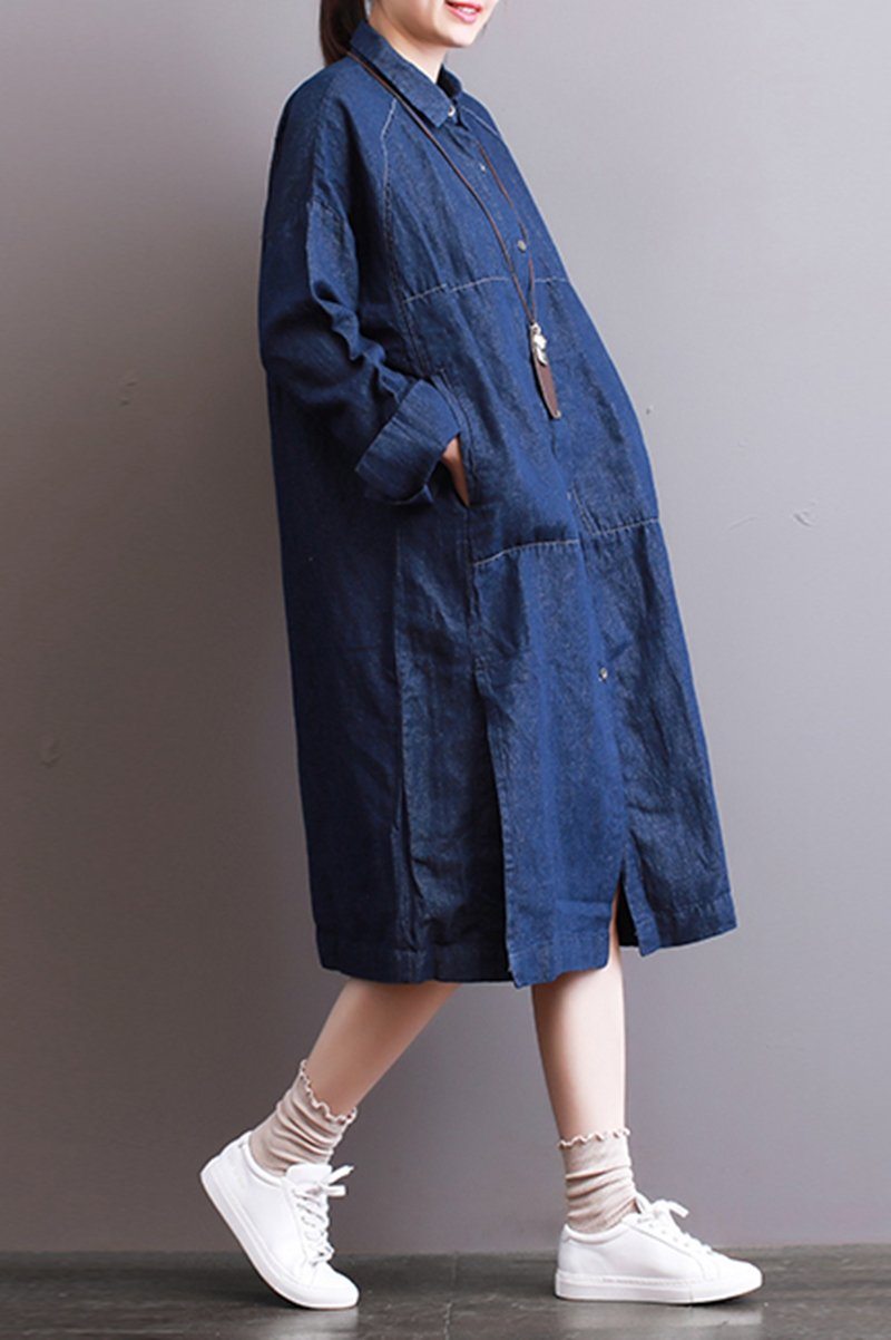 FantasyLinen Women Denim Shirt Dress, Plus Size Casual Shirt Dress Wit