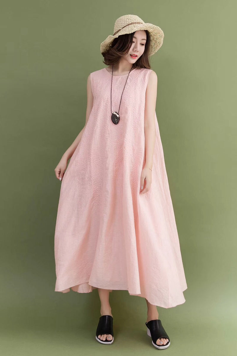Summer Pink Ramie Sleeveless Casual Loose Fitting Long Dresses For Wom ...
