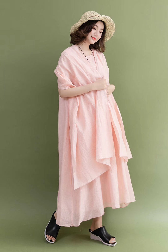 Summer Pink Ramie Sleeveless Casual Loose Fitting Long Dresses For Wom Fantasylinen 5484