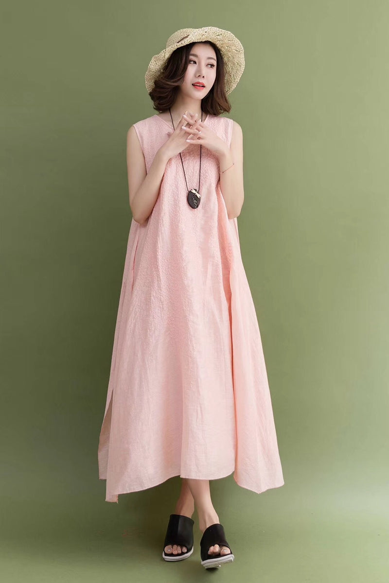 Summer Pink Ramie Sleeveless Casual Loose Fitting Long Dresses For Wom ...