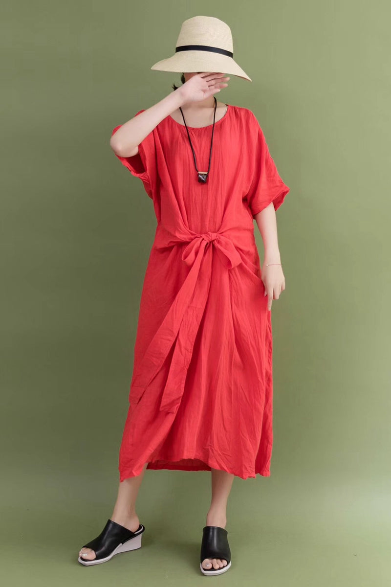 Summer Linen Red Bow Waist Plus Size Casual Loose Fitting Long Maxi Dr ...