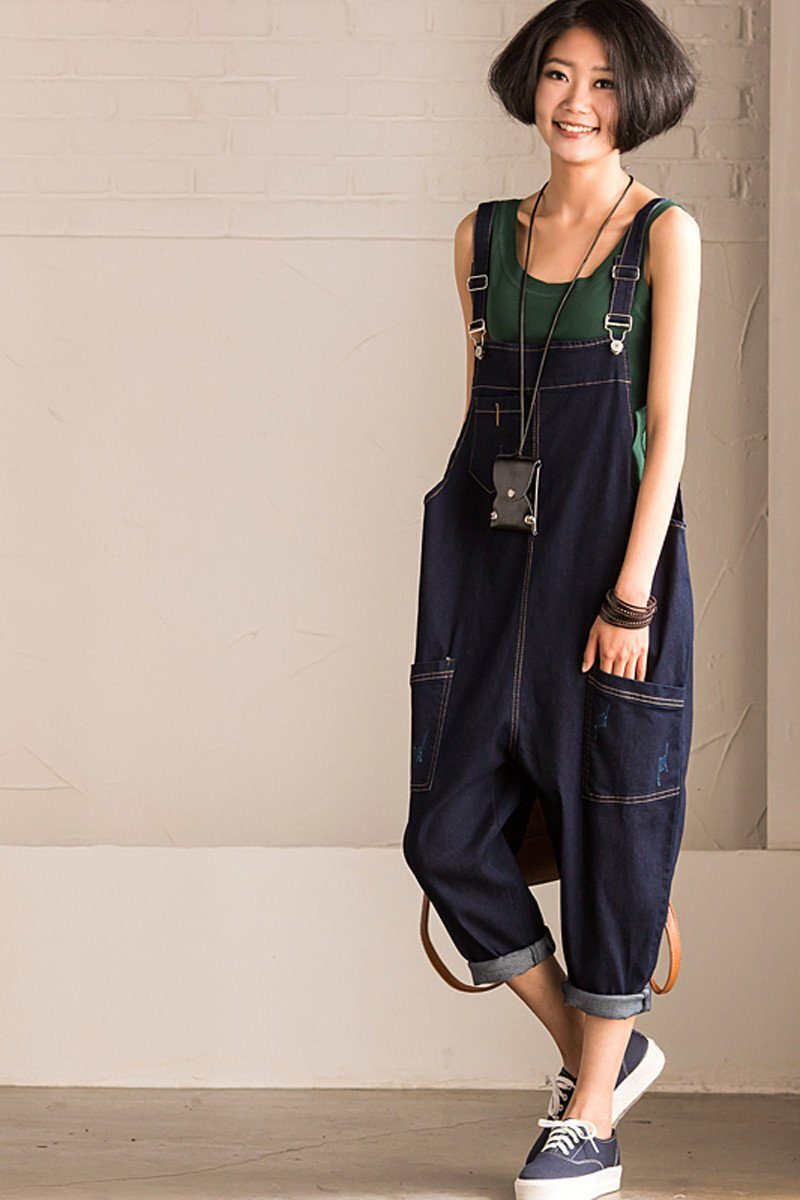 Korean Style Dark Blue Loose Causel Cowboy Jeans Overalls Overalls N95 ...