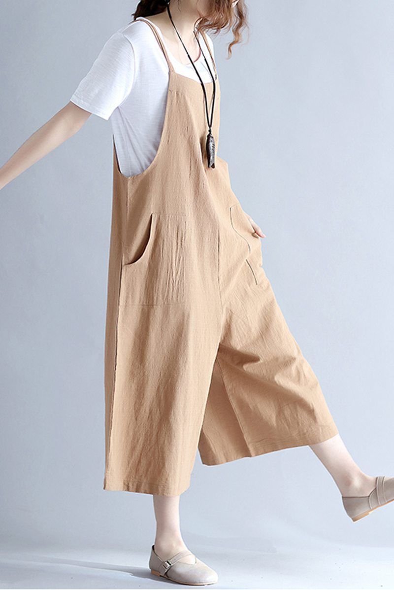 FantasyLinen Linen Casual Loose Overalls, Cotton Plus Size Jumpsuits F