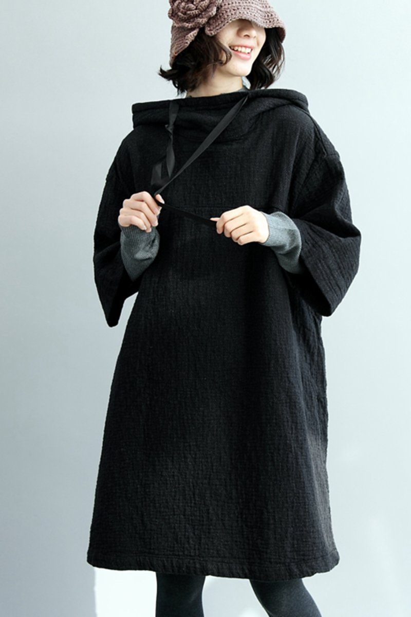 FantasyLinen Linen Hooded Cloak Dress, Stand Collar Loose Dress Q2010