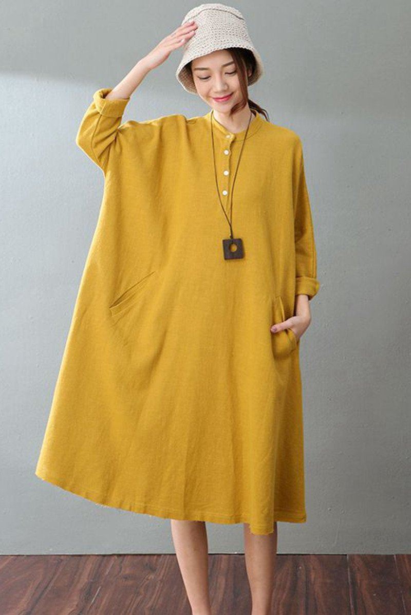 Spring Yellow Casual Cotton Linen  Dresses  Long  Sleeve  