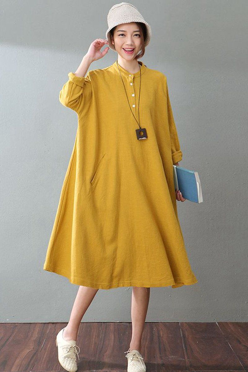 Spring Yellow Casual Cotton Linen  Dresses  Long  Sleeve  