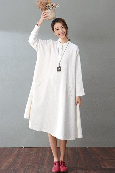 Spring White Casual Cotton Linen  Dresses  Long  Sleeve  Shirt  