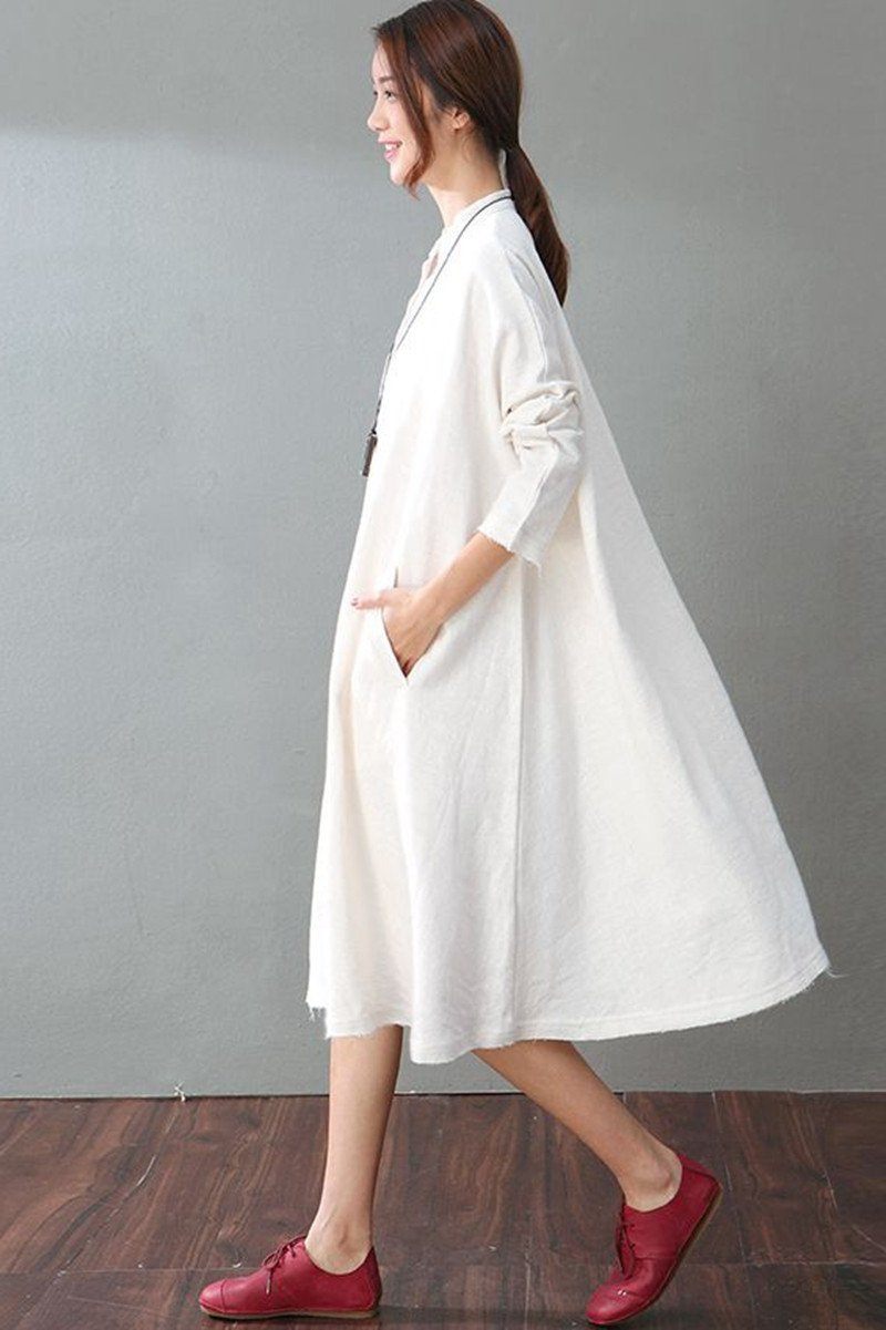 Spring White Casual Cotton Linen  Dresses  Long  Sleeve  Shirt  