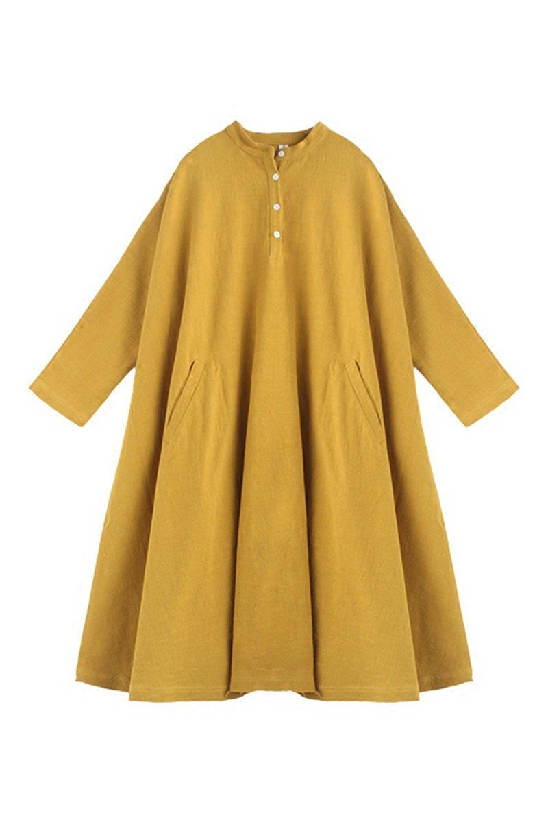 Spring Yellow Casual Cotton Linen  Dresses  Long  Sleeve  