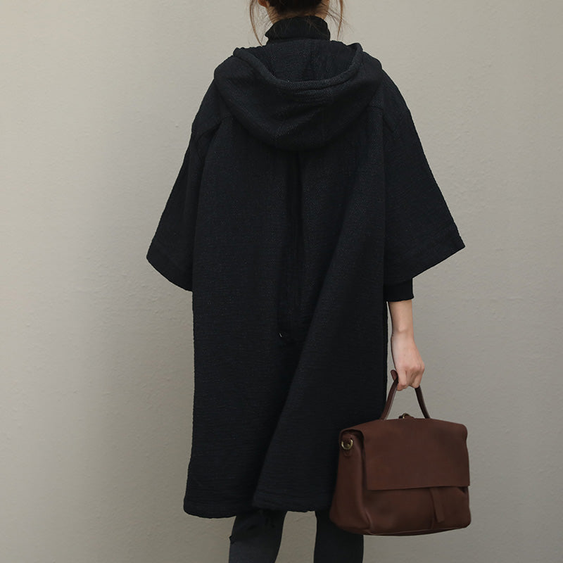 Black Hoodie Loose Cloak Dresses Women Outfits QT363– FantasyLinen