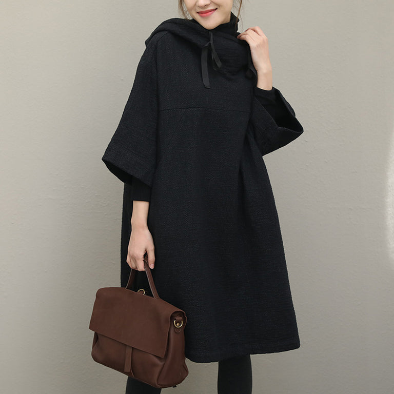 Black Hoodie Loose Cloak Dresses Women Outfits QT363– FantasyLinen