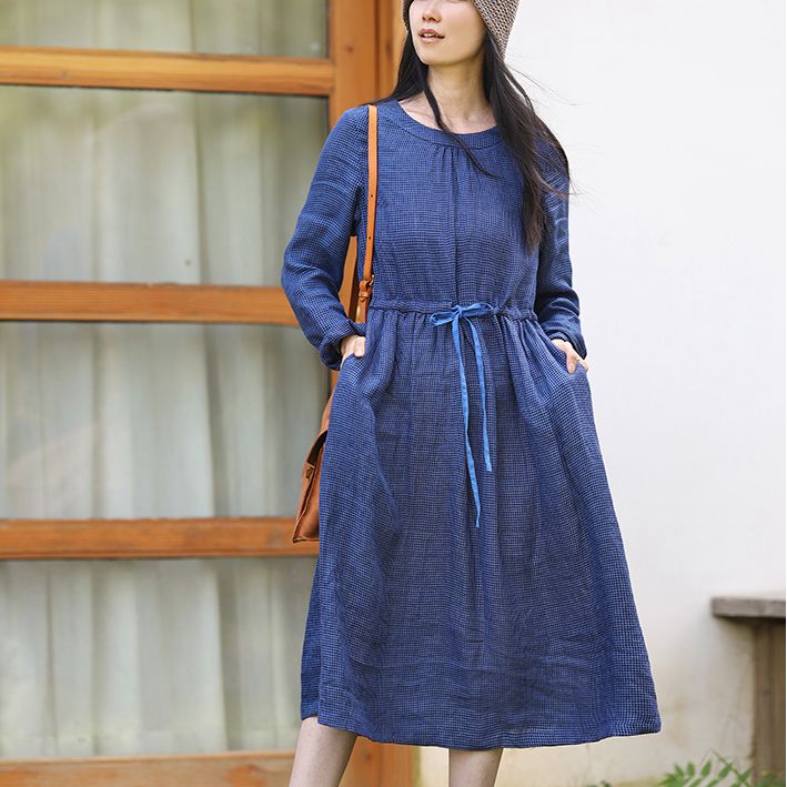 Women Linen Blue Checked Loose Drawstring Waist Dress– FantasyLinen