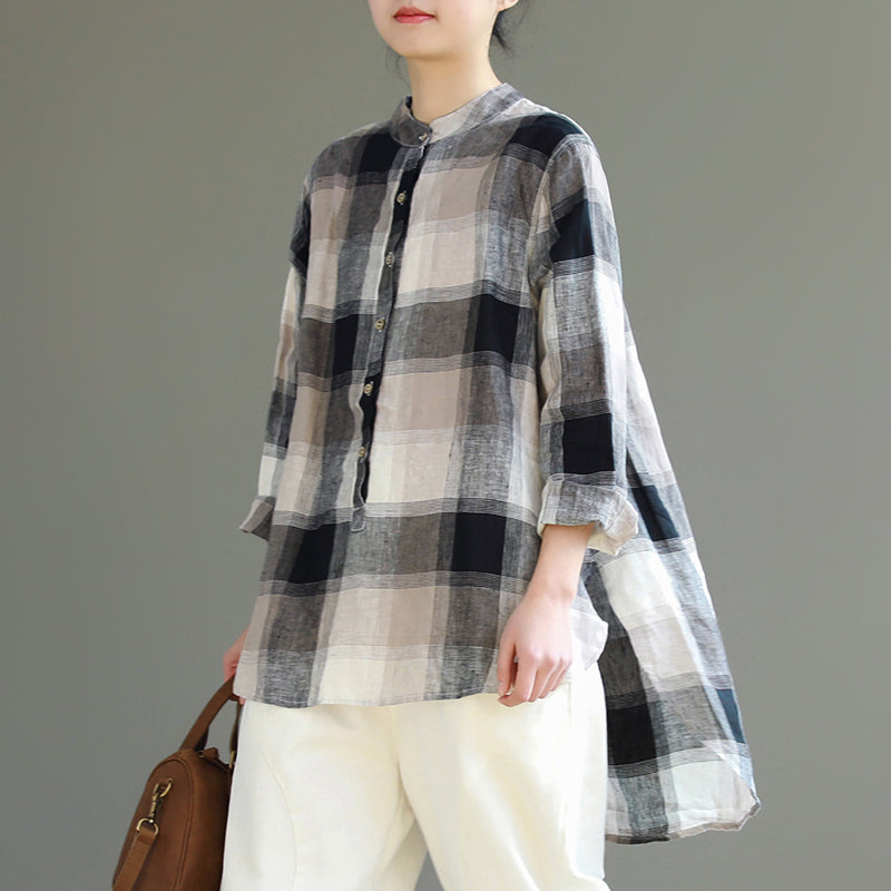 Vintage Loose Cotton Linen Plaid Shirt Women Spring Tops S25024 ...