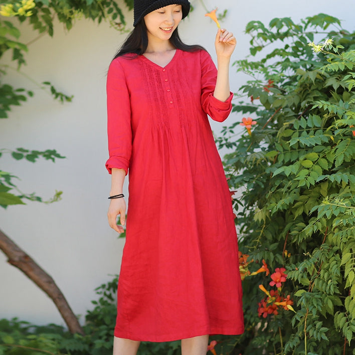Loose Linen V-Neck Dress For Women– FantasyLinen